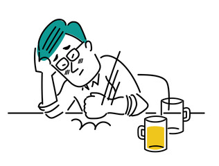 やけ酒を飲んで、テーブルを叩く男性のイラスト素材