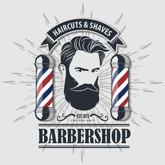Barbershop logo, poster or banner design concept with barber pole and bearded men