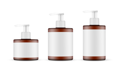 Amber Pump Bottles Mockups with Labels Isolated on White Background. Vector illustration