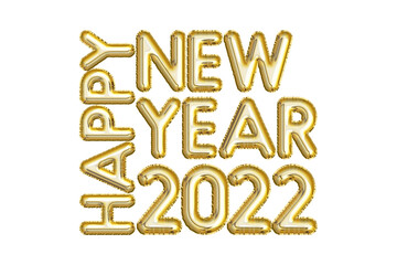 Words HAPPY NEW YEAR 2022 Made of Golden Inflatable Balloons Isolated on White Background. 3D Illustration of Foil Balloon Font