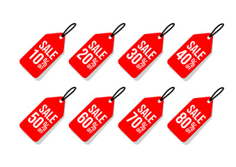 Set of red sale discount tags isolated on white background.