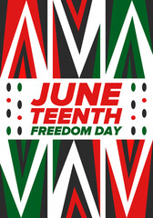 Juneteenth Independence Day. Freedom or Emancipation day. Annual american holiday, celebrated in June 19. African-American history and heritage. Poster, greeting card, banner and background. Vector