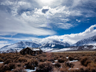Wonderful Scene along the Highway395, Snow capped mountain, old house