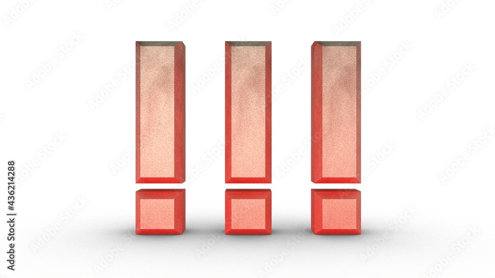 Poster three exclamation marks on a white background. 3d volumetric symbol. rendering an image.