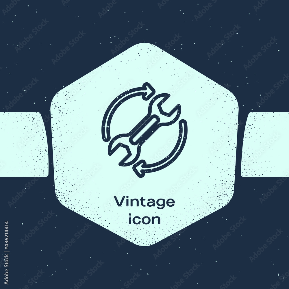 Poster grunge line wrench spanner and arrows as workflow icon isolated on blue background. adjusting, servi