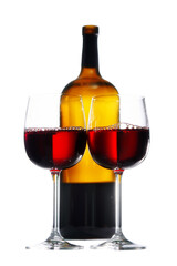 Close-up of glasses of red wine and wine bottle. All dust and scratches has been removed. Isolated on white
