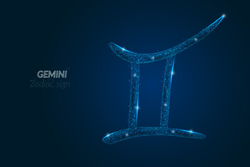 Abstract futuristic image of gemini zodiac sign. Astrological horoscope characteristic. Polygonal vector illustration looks like stars in the blask night sky in spase. Digital low poly design. - obrazy, fototapety, plakaty