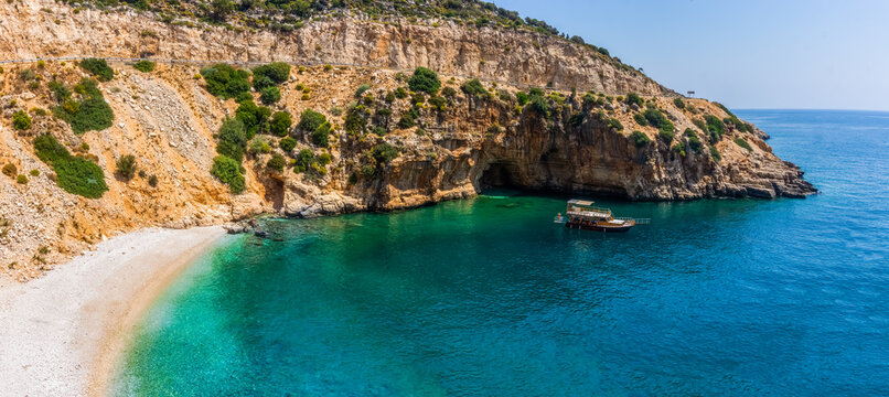 Panoramic tropical sea, cove and beach landscape from Kas, Antalya, Turkey. Holiday, travel and tourism concept. Finike - Demre way.