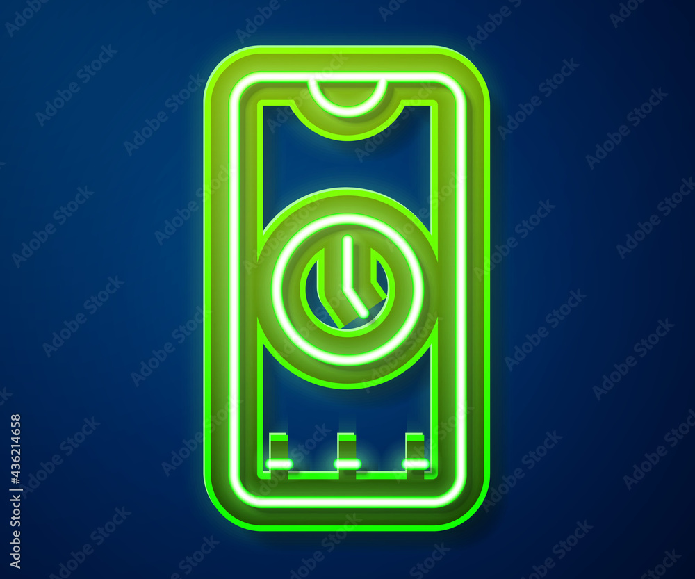 Poster glowing neon line alarm clock app smartphone interface icon isolated on blue background. vector
