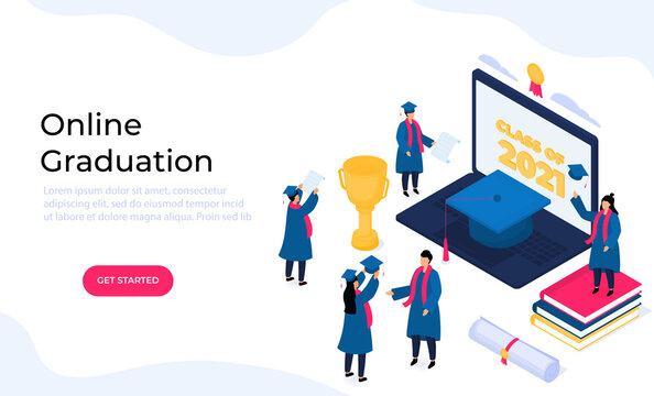 Virtual online graduation ceremony. Tiny isometric graduates in gowns and mortarboards celebrate completion of studies. Class of 2021