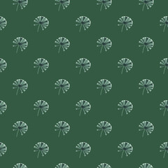 Spring season seamless pattern with doodle palm licuala shapes. Green background. Simple style.