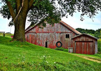 old red barn with tire swing
