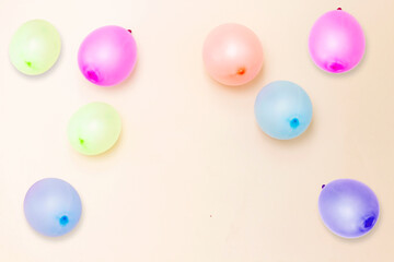 Birthday party background or frame with colorful balloon, flat flay 