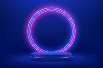 Abstract shiny blue cylinder pedestal podium. Sci-fi blue abstract room concept with circle glowing neon lighting. Vector rendering 3d shape, Product display presentation. Futuristic wall scene.