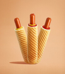 Set of French hot dogs with different sauces - ketchup, mustard and mayonnaise