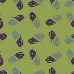 Nature seamless pattern with flowers grey and purple silhouettes print. Green background.