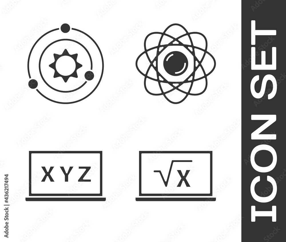 Poster set square root of x glyph, solar system, xyz coordinate system and atom icon. vector