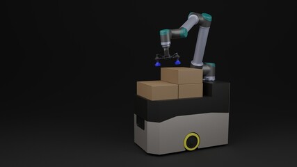 An AGV (Automated guided vehicle) with robot is carrying carton on black background.3D rendering