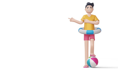 Happy man pointing finger in swim ring on a beach ball, 3d rendering