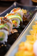 Sushi rolls avocado. Sushi menu. Japanese food.