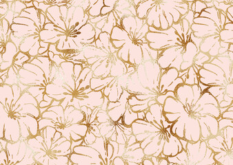 Abstract glitter flowers and leaves with gold texture. Backdrop texture for wallpaper, cover, wrapper