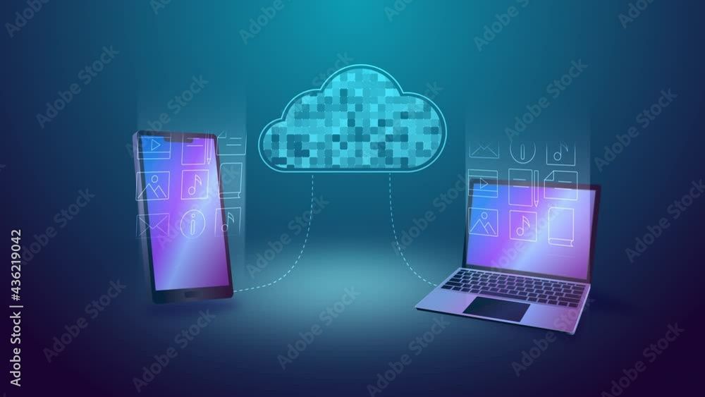 Aufkleber cloud storage technology. loop animation of cloud online storage and icons. laptop and phone connect