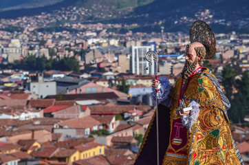 San Antonio Abad procession with Cusco city in background during christian celebration of the saint in San Cristobal church during January 17. 2014, Cusco, Peru, South America