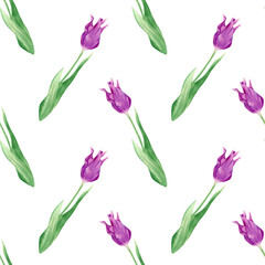 Seamless watercolor tulips pattern.Botanical illustration with violet flowers with leaves