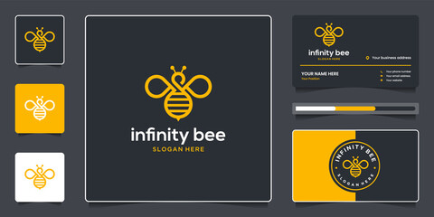 Infinity bee with line art symbol logo design and business card - obrazy, fototapety, plakaty