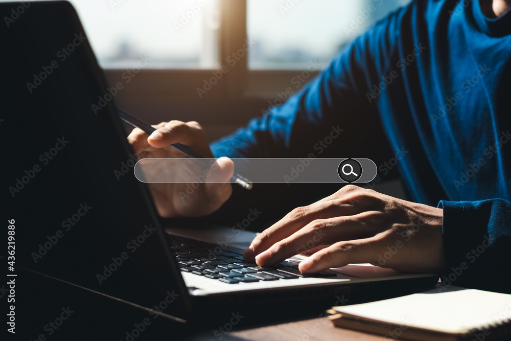 Poster searching browsing internet data information with blank search bar.businessman working with smart ph