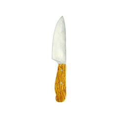 Watercolor hand painted knife with wooden handle. Hand drawn kitchen utensils, kitchen tools, design element.