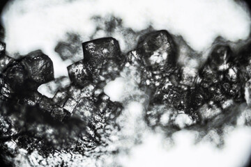 Crystal sugar close up under the light microscope, magnification of 40 times, objective 4
