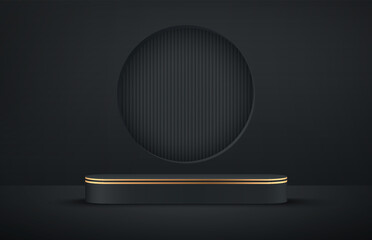 Luxury black and gold round corner cube podium with dark geometric backdrop and vertical stripes pattern. Abstract vector rendering 3d shape for advertising products display. Dark minimal scene.