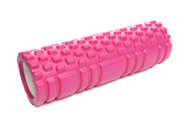 Pink massage roller made of lumpy foam. Foam rolling is a myofascial relaxation technique used by athletes and physical therapists to suppress overactive muscles