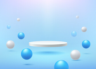 Modern white cylinder podium float in the air on pastel empty room background with white and blue sphere decorate. Abstract vector rendering 3d shape for product display. Pastel minimal scene concept.
