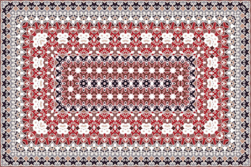 Vintage Arabic pattern. Persian colored carpet. Rich ornament for fabric design, handmade, interior decoration, textiles. Red background. - 436221061