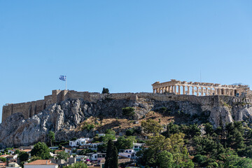 Panoramic view of Athens old town and the Parthenon Temple of the Acropolis on a sunny day