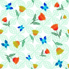 Fototapeta na wymiar Summer pattern with flower, butterflies on white