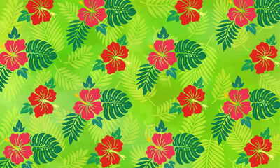 ハワイアン、アロハシャツ風ハイビスカス柄、赤と緑
