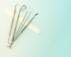 Dentist tools on the desk table. Concept of oral health care.
