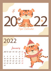 Calendar for January 2022. Cute tiger cub in a scarf and Santa hat, with a lollipop on skates. Vector illustration. Week starts on Monday. horizontal template and cover a4. Year of the Tiger 