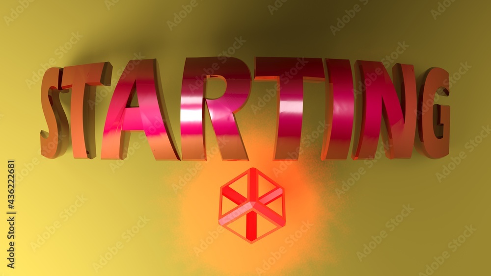 Poster starting red metallic write on yellow background with red lighted wireframe cube - 3d rendering illu