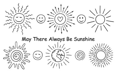 Hand drawn doodle suns set. Outline drawing of a cute cartoon sun. Graphic vector illustration for cards, posters, stickers, textile and professional design. Black lines isolated on a white background