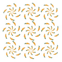 Cartoon style illustration of orange carrots with decorative waves. Great design elements for a sticker, postcard, print, or poster. Unique pattern isolated on a white background. The art of food.
