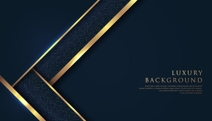 Abstract geometric triangles overlapping on dark navy blue background with glitter and golden lines glowing dots golden combinations. Luxury and elegant design. Vector illustration