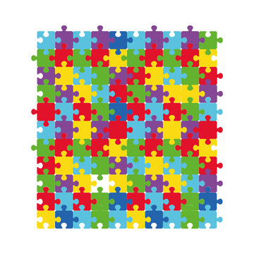 Vector illustration of multicolored jigsaw puzzles. Autism symbol solid background