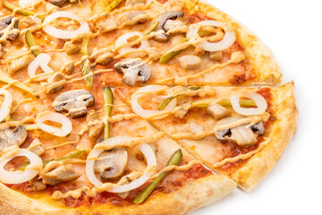 pizza with mushrooms and onions isolated on white