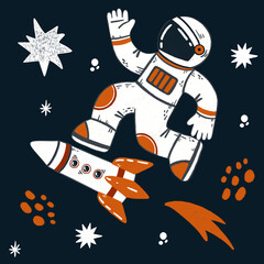 Astronaut illustration. Flying rocket with fire. Cartoon style of illustration. Cosmic explorer. Universe adventure. Person at spacesuit. Astronomy sketch. Symbol of future. Cosmos concept.