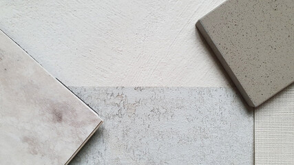 interior material combination presentation board containing grey grained quartz ,stone floor tile...