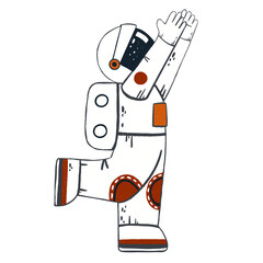 Astronaut illustration. Fantasy flat isolated character. Cartoon style of illustration. Cosmic explorer. Universe adventure. Person at spacesuit. Astronomy sketch. Symbol of future. Cosmos concept.